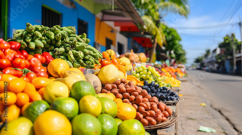 A vibrant market scene featuring an array of fresh fruits and vegetables displayed in baskets along a sunny street photo