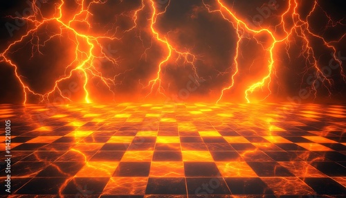 Electric orange lightning bolts on a checkered grid with contrasting vivid yellow highlights