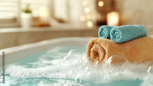 A turquoise and orange towel duo is neatly rolled on the edge of a bathtub, surrounded by soaping bubbles with a blurred background creating relaxed, stylish vibes. photo