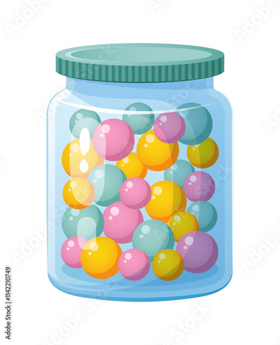 Colorful sweet candies in glass jar. Cartoon illustration. 