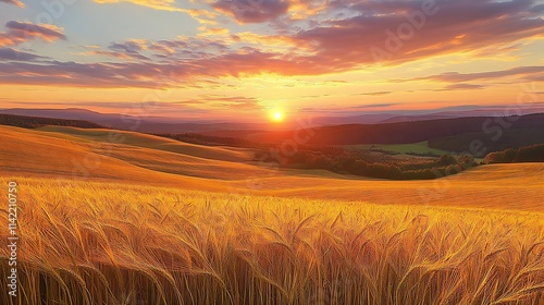 Golden Wheat Fields Scenic Sunset Landscape with Evening Glow and Rolling Hills : Generative AI