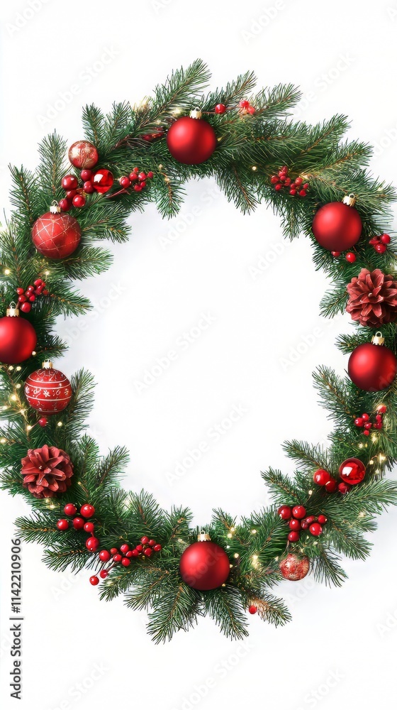 Top view of pine tree wreath with christmas decorations and round blank space in middle isolated on white. christmas wallpaper. Ultra realistic. Photorealistic Top view of pine tree wreath with christmas decorations and round blank space in middle isolated on white. christmas wallpaper. Ultra realistic. Photorealistic