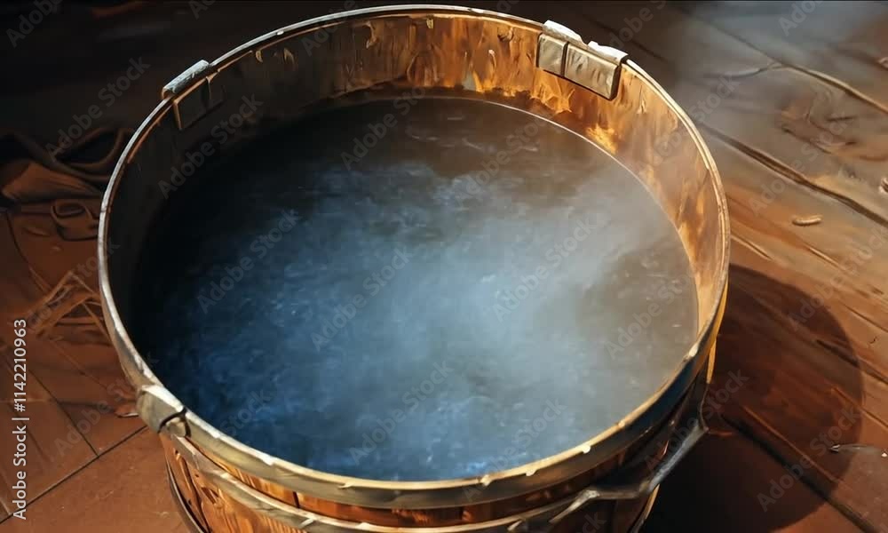 Boiling water in a barrel with steam rising Boiling water in a barrel with steam rising
