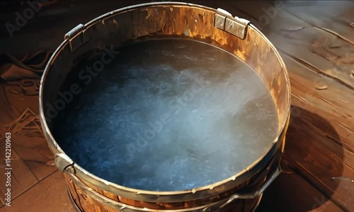 Boiling water in a barrel with steam rising photo