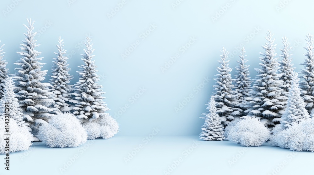 Fototapeta premium A charming winter scene showcases pale green Christmas trees dusted with snow and soft flakes against a light blue sky
