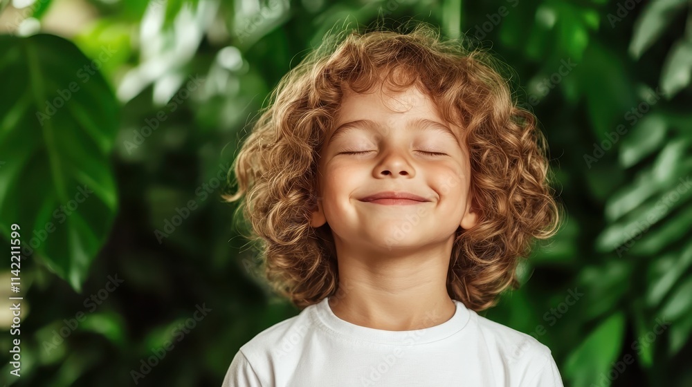A child with curly hair beams with happiness as they close their eyes, delighting in the moment amidst surrounding vibrant greenery, symbolizing innocence and freedom. A child with curly hair beams with happiness as they close their eyes, delighting in the moment amidst surrounding vibrant greenery, symbolizing innocence and freedom.