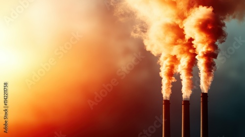 Three industrial chimneys releasing thick smoke during a vibrant sunset, highlighting environmental pollution and the effects of industrialization on nature. photo