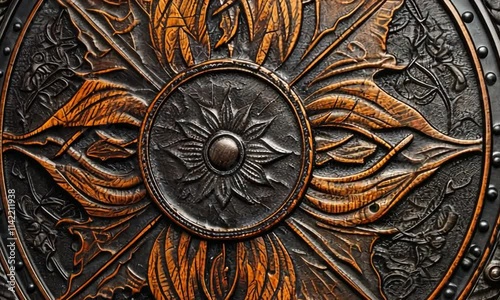 Ornamental fantasy armor shield with embossed metalwork