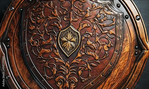 Decorative medieval shield crafted from leather and steel
