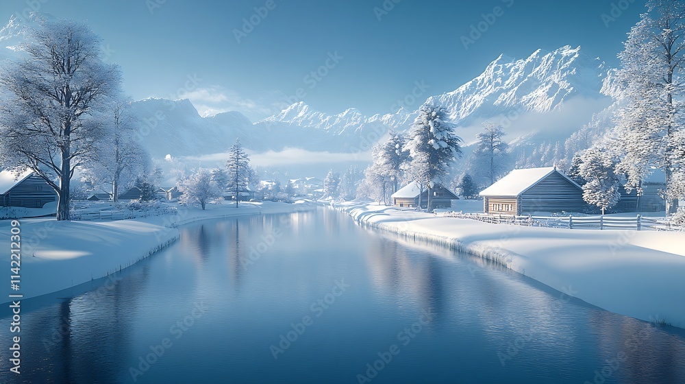 Idyllic Winter Scene with Snowy Mountains and Quaint Village Along River : Generative AI Idyllic Winter Scene with Snowy Mountains and Quaint Village Along River : Generative AI