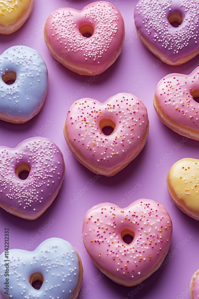 Up close of colorful heart-shaped donuts with holes on a pastel purple background. Background, foodie, Valentine's concept.