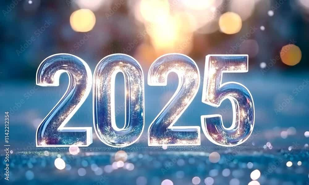 2025 en chiffres transparents sur fond bleu givré avec bokeh lumineux, ambiance hivernale festive pour le Nouvel An