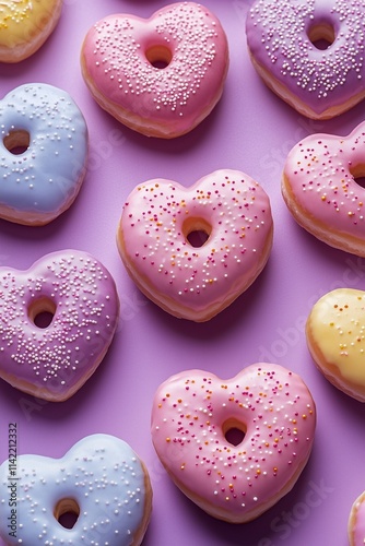 Obraz na płótnie Up close of colorful heart-shaped donuts with holes on a pastel purple background. Background, foodie, Valentine's concept. w salonie