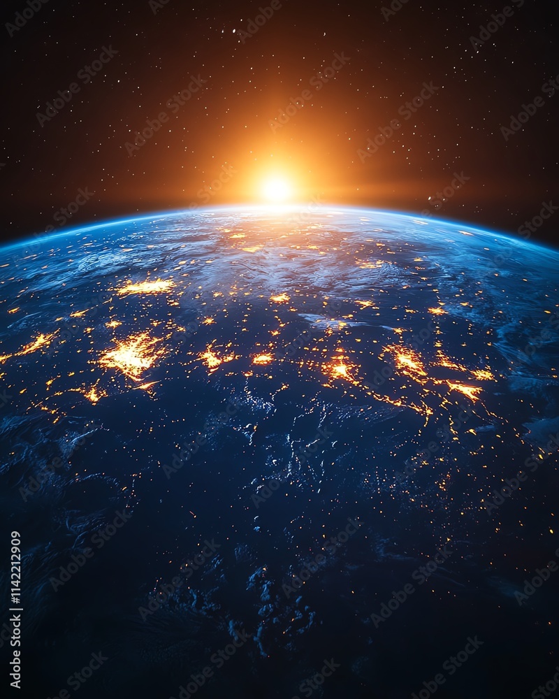 Obraz premium Earth at sunrise, with glowing urban centers and expansive natural landscapes, symbolizing a fresh start, hope, and global unity, radiant golden light, highdefinition clarity