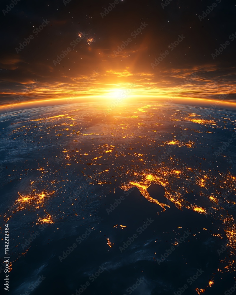 Fototapeta premium Earth at sunrise, with glowing urban centers and expansive natural landscapes, symbolizing a fresh start, hope, and global unity, radiant golden light, highdefinition clarity