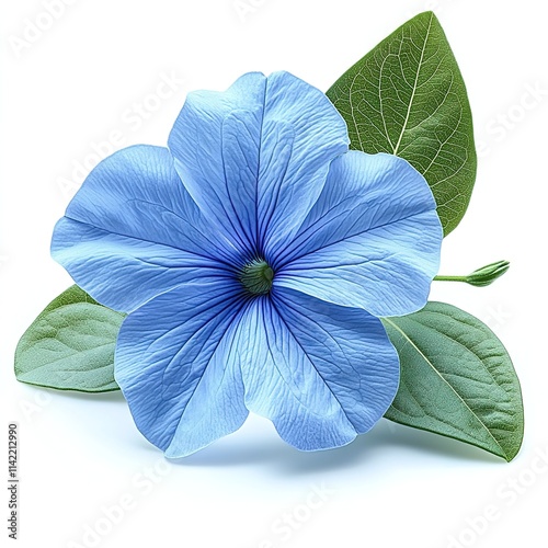 A blue flower with green leaves, isolated on a white background.