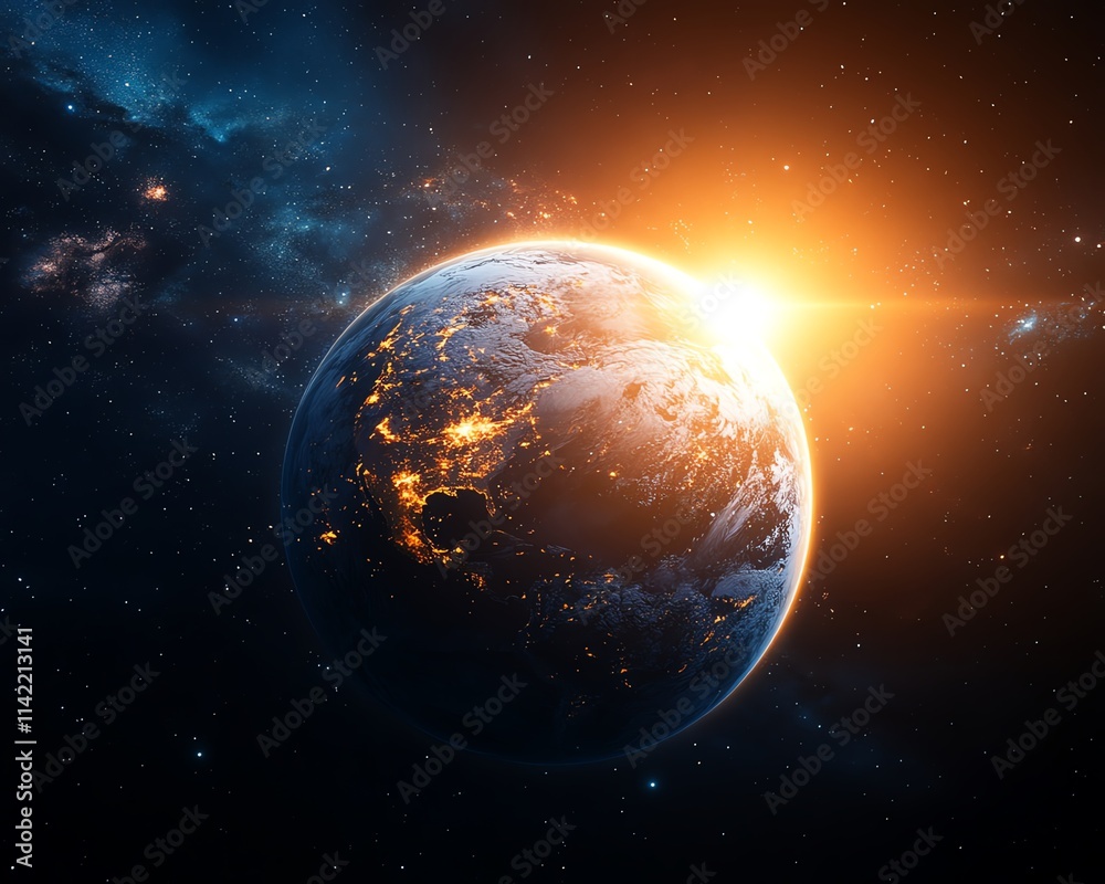 Obraz premium Earth glowing under a radiant sun, with cosmic elements and distant galaxies, showcasing the natural wonder and majesty of our planet, vibrant space setting
