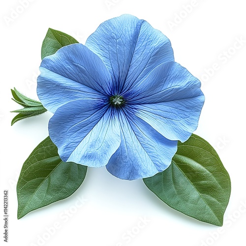 A blue flower with green leaves, isolated on a white background.