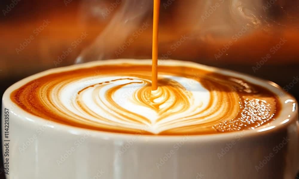 steaming hot coffee is being poured into a white cup