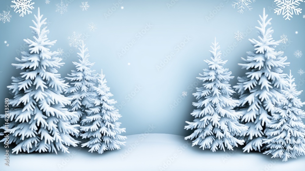 Obraz premium A charming winter scene showcases pale green Christmas trees dusted with snow and soft flakes against a light blue sky