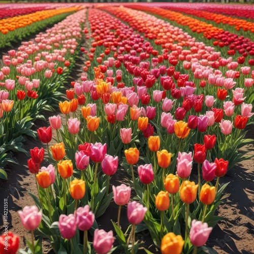 Sunlit field of colorful tulips, sunny spring day , bloom, tulips, view