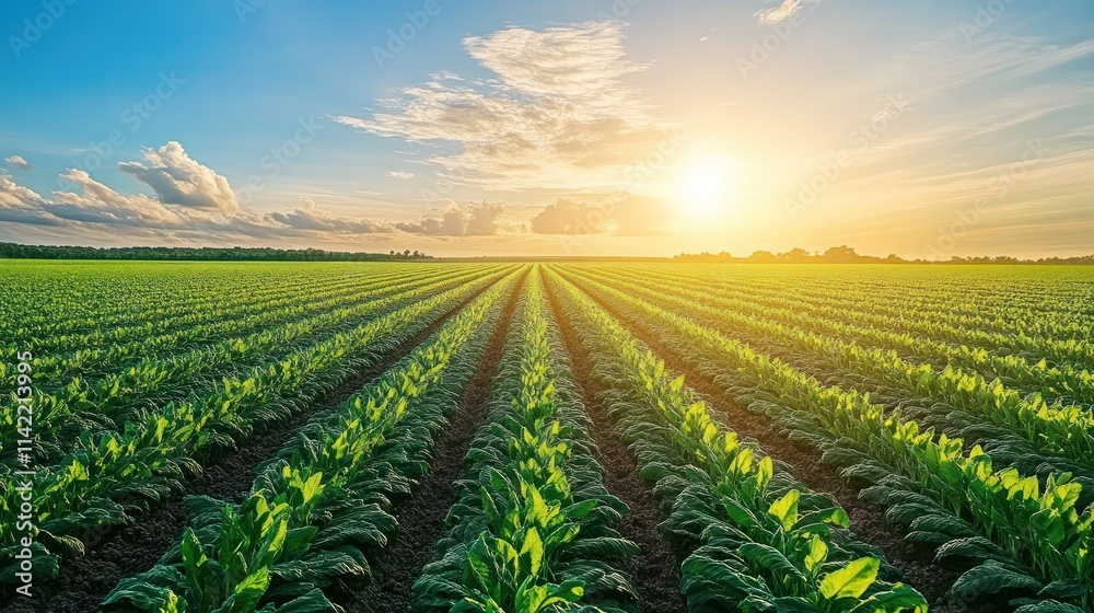 Lush green rows of flourishing spinach plants stretching out under a vibrant sunset sky.