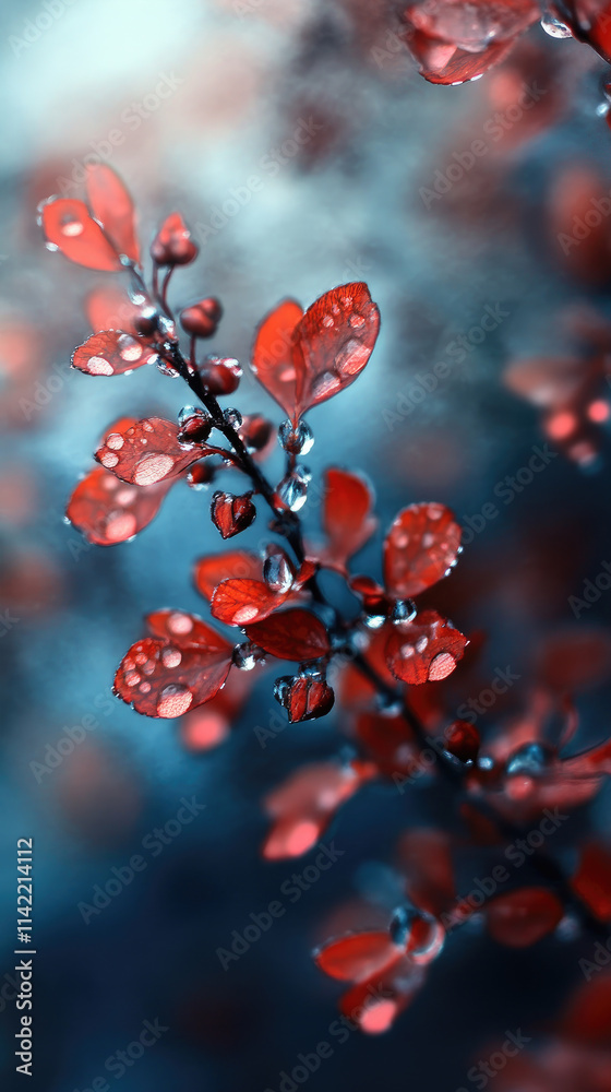 Raindrops on vibrant red leaves with a cool-toned background. Raindrops on vibrant red leaves with a cool-toned background.