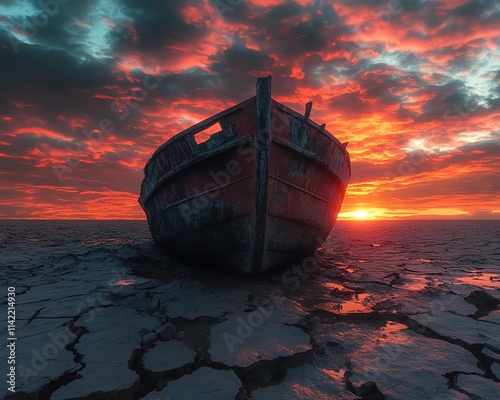 Ship stranded on parched, cracked land beneath a fiery sunset, symbolizing environmental degradation and climate change, ultrarealistic textures, dramatic lighting photo