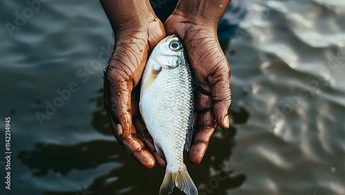 Hands Holding a Freshly Caught Fish: A close-up view of hands holding a gleaming silver fish, fresh from the water, showcasing the connection between nature and humankind. photo