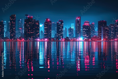 A city skyline is reflected in the water photo