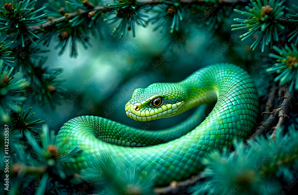 Fototapeta premium Bright green snake resting among evergreen branches during winter season