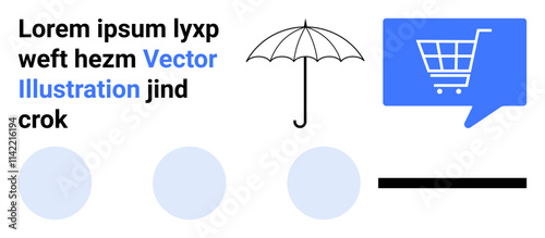 Umbrella graphic, text elements, shopping cart symbol in a speech bubble, and three light blue circles. Ideal for ecommerce, weather services, digital marketing, graphic design, web development