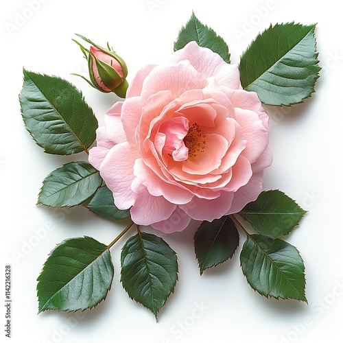  A pink rose with green leaves on a white background