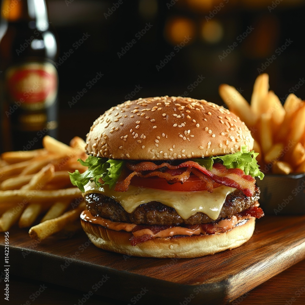Juicy Cheeseburger with Bacon and Crispy Fries Juicy Cheeseburger with Bacon and Crispy Fries