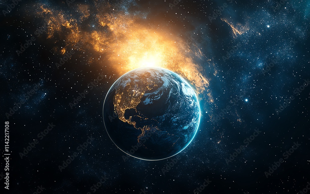 Obraz premium A glowing Earth bathed in radiant sunlight, with cosmic elements like stars and nebulae, representing the aweinspiring beauty of our planet, surreal atmosphere
