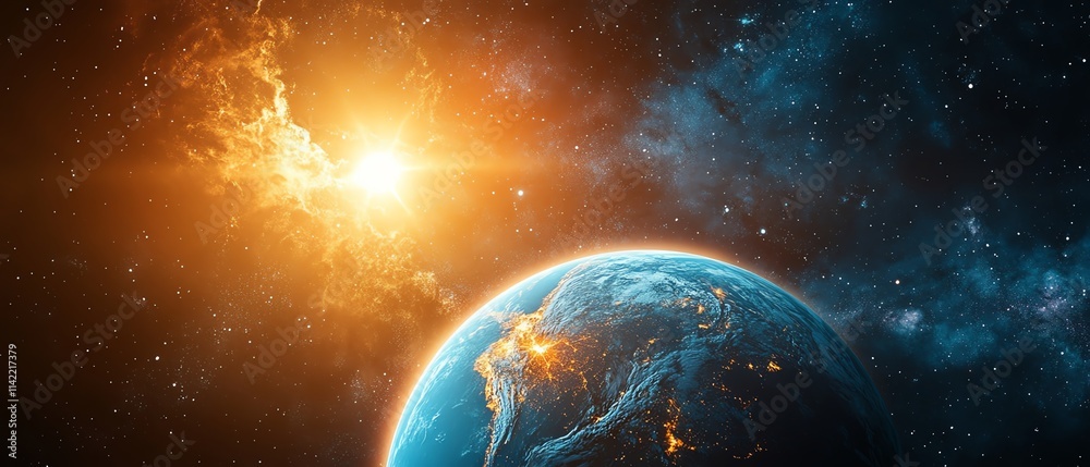 Fototapeta premium A luminous Earth under a radiant sun, cosmic dust and galaxies in the background, symbolizing the beauty and wonder of the planet, cinematic depth, vibrant colors