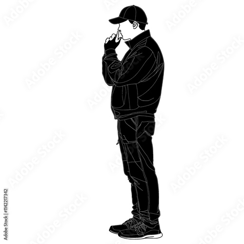 Man in black outfit, profile view.