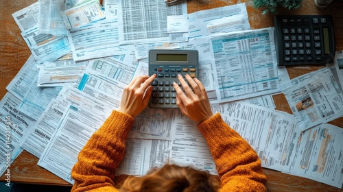 Woman Calculating Bills and Taxes: Financial Planning and Budgeting