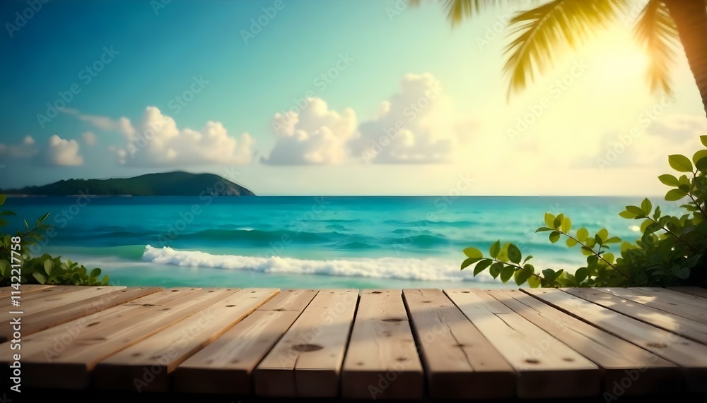 Fototapeta premium A wooden dock or pier overlooking a calm, turquoise ocean with a clear blue sky in the background