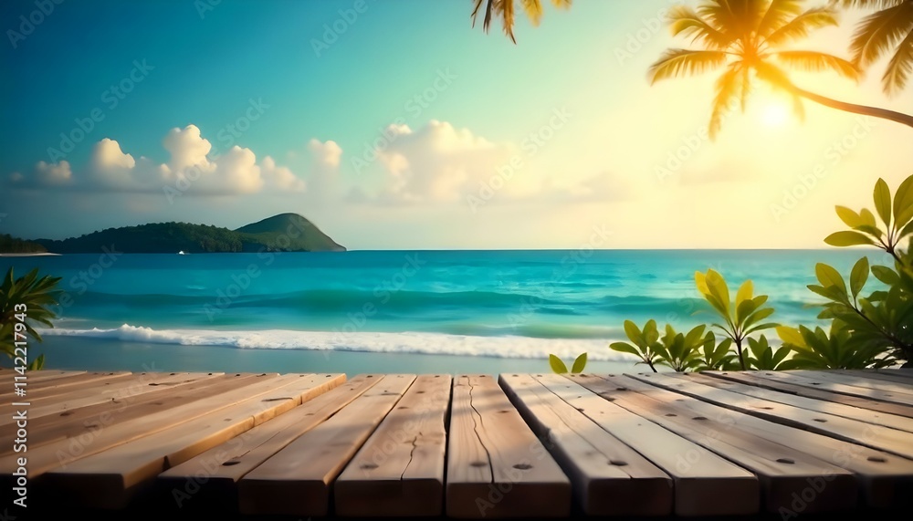 Fototapeta premium A wooden dock or pier overlooking a calm, turquoise ocean with a clear blue sky in the background