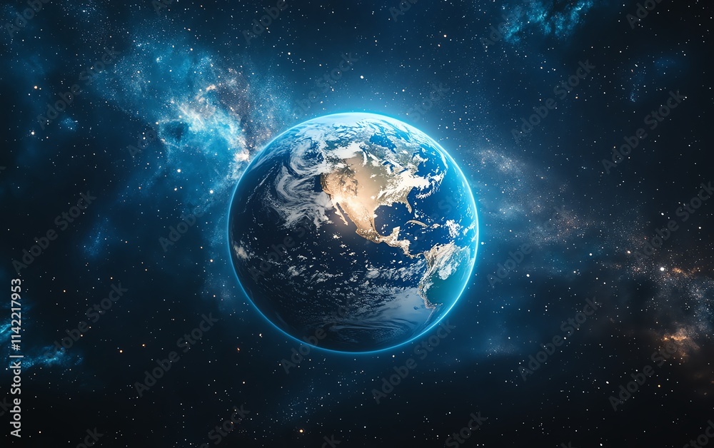 A radiant Earth illuminated by the sun, surrounded by cosmic dust, stars, and nebulae, showcasing the natural beauty and grandeur of our planet, ultradetailed lighting A radiant Earth illuminated by the sun, surrounded by cosmic dust, stars, and nebulae, showcasing the natural beauty and grandeur of our planet, ultradetailed lighting
