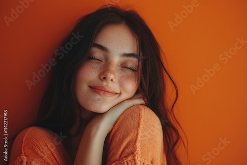 Self care and self esteem concept, Happy young beautiful woman hugging herself isolated on the background, Generative AI photo
