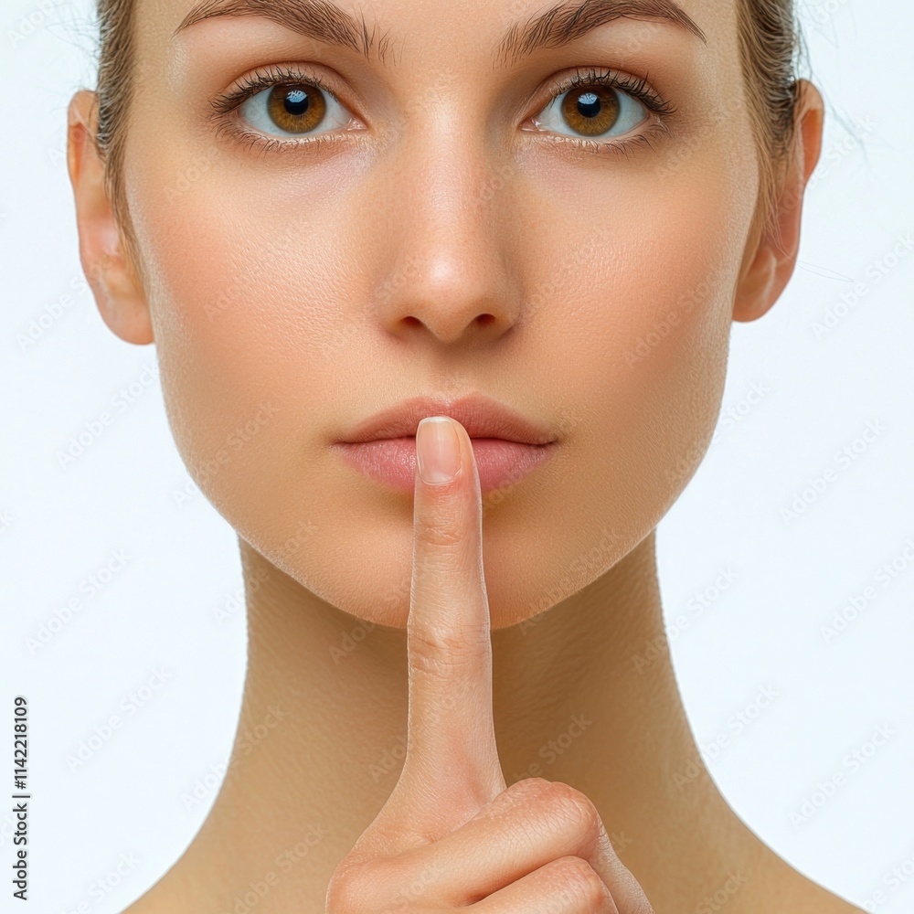 Woman s Face Finger on Lips Secret Silence Hush Quiet Peaceful Serene Close up Woman s Face Finger on Lips Secret Silence Hush Quiet Peaceful Serene Close up
