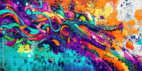 Colorful painting of a dragon with a mouth open photo