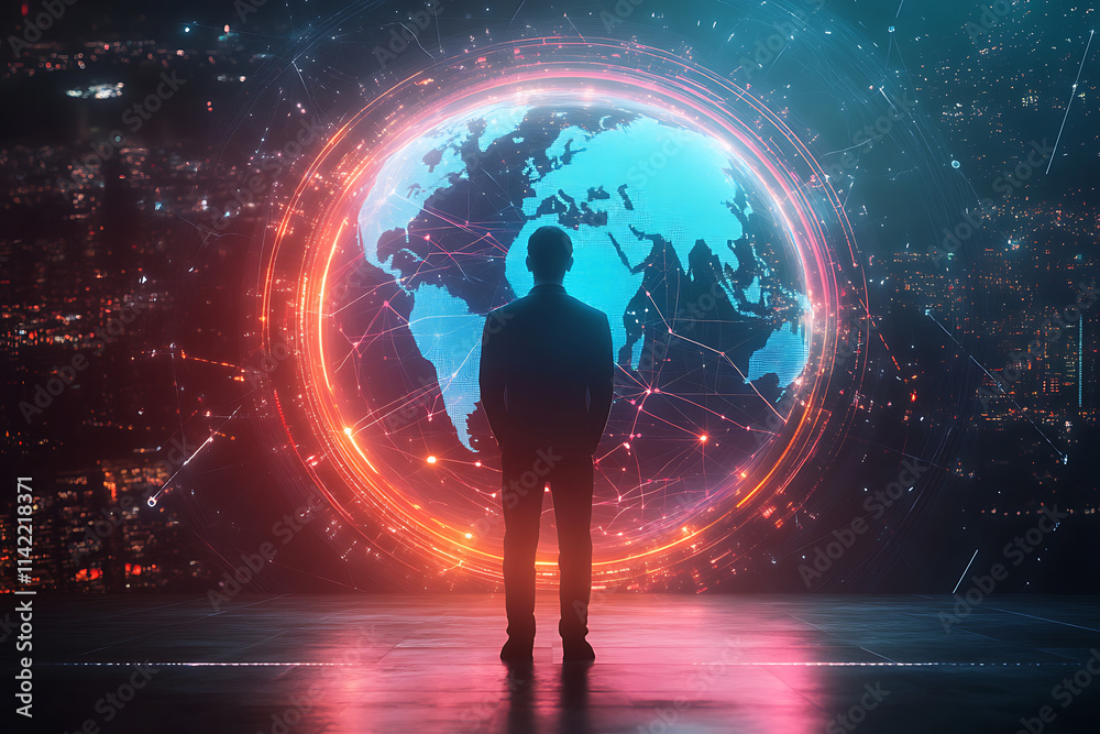A professional's torso standing in front of a glowing circular financial chart A professional's torso standing in front of a glowing circular financial chart