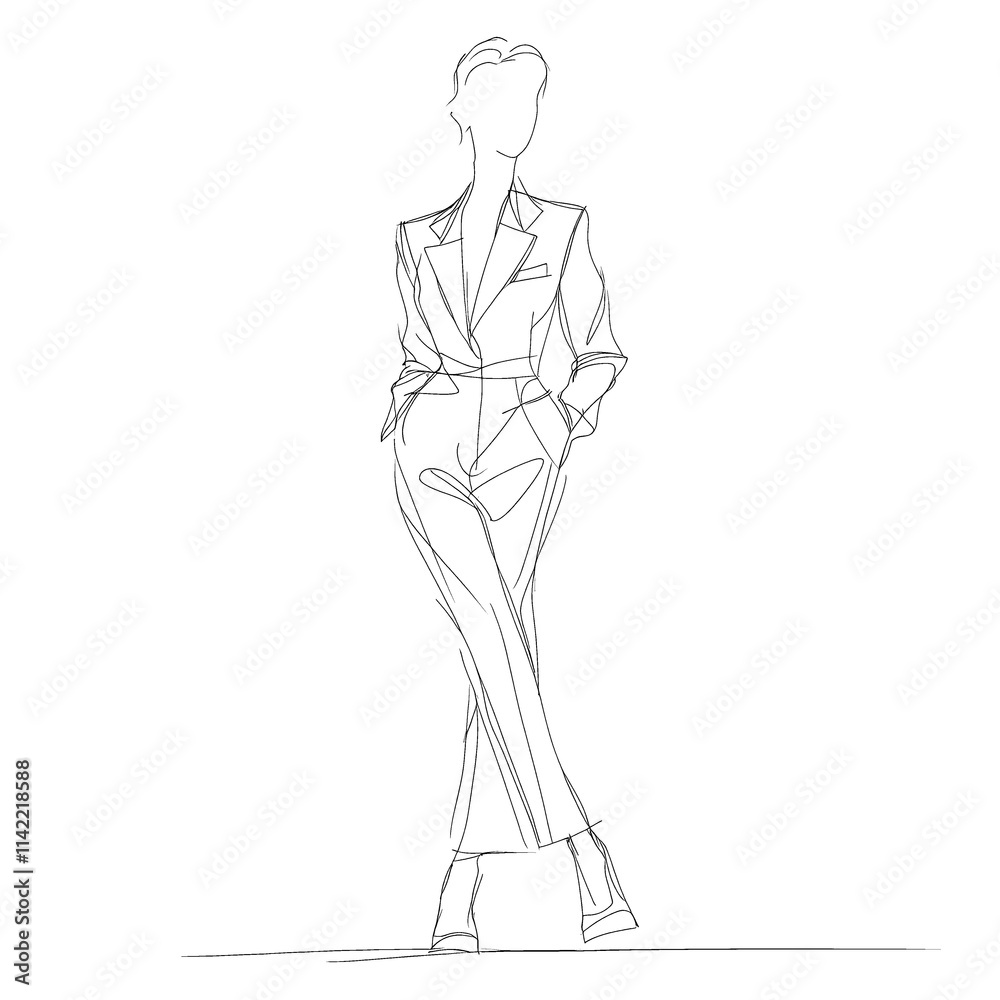 Minimalist line drawing of woman in pantsuit. Minimalist line drawing of woman in pantsuit.