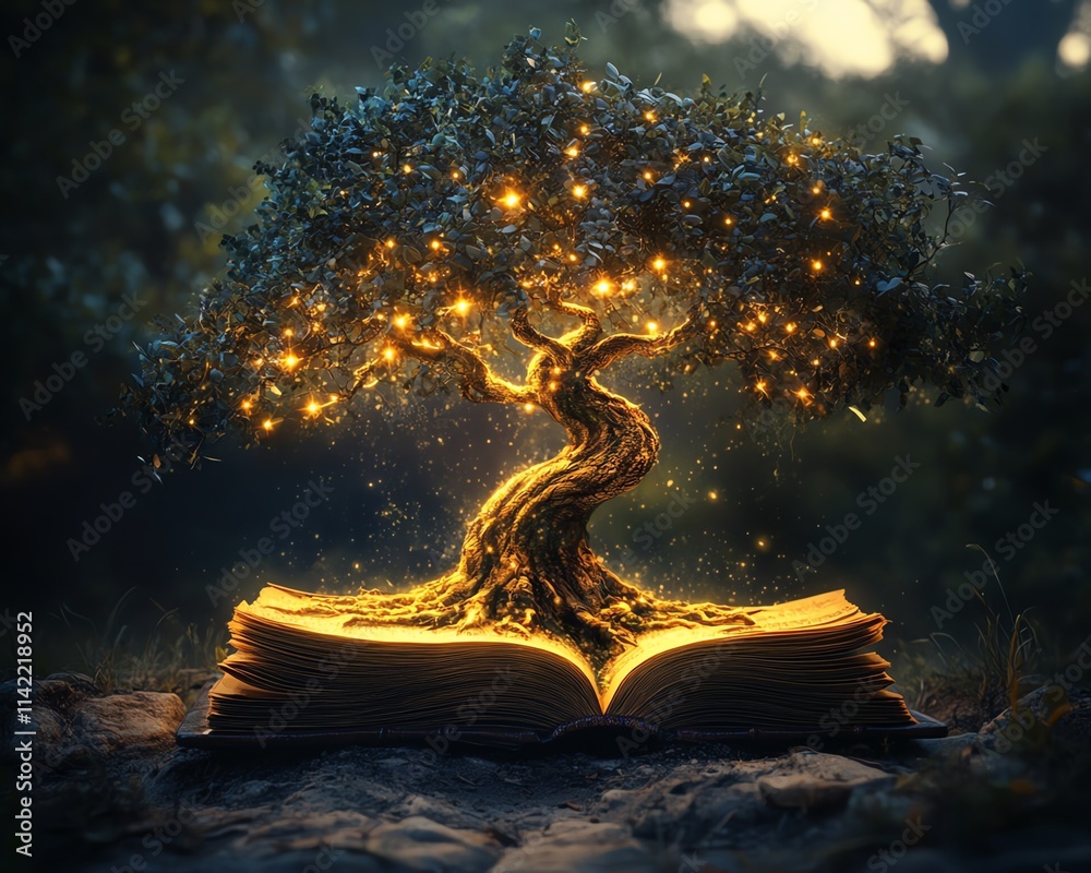 Obraz premium Tree growing from an ancient book, glowing with sparkling, magical lights, set in a dark, enchanting forest, symbolizing the magic of knowledge