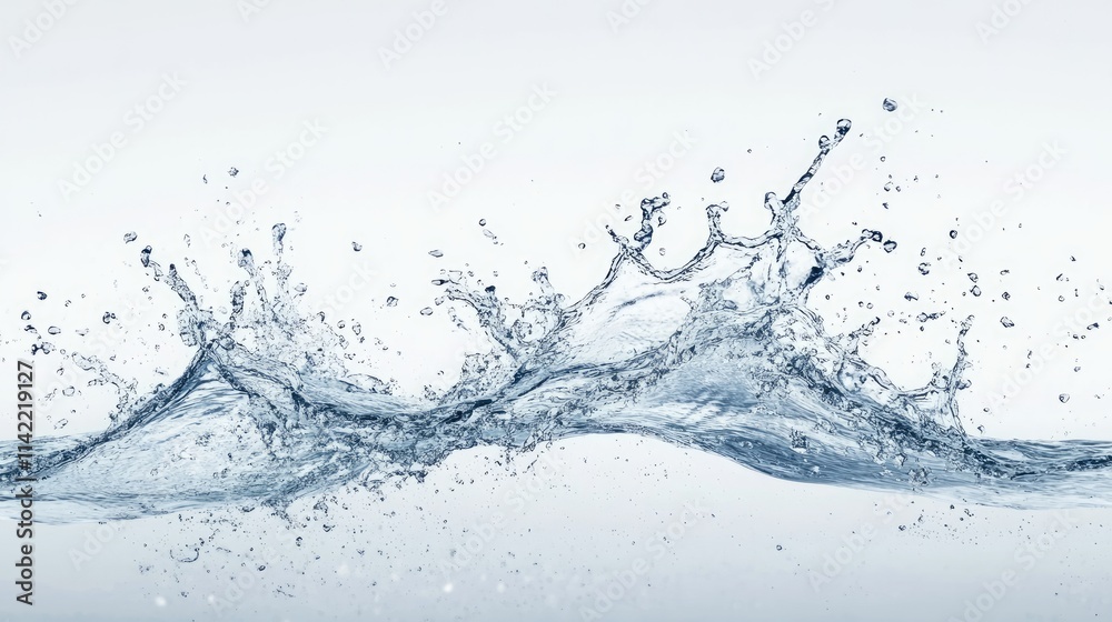 Clear Water Splash with Wave and Droplets Against Light Background Clear Water Splash with Wave and Droplets Against Light Background