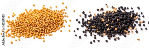 Fixed-height piles of mustard seeds and poppy seeds isolated on a white background, in a flat lay. The yellow polygonal pile is on the left side photo