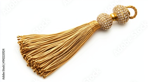 A finely detailed golden tassel ornament with glittering accents, perfect for elegant designs, isolated on a bright white background